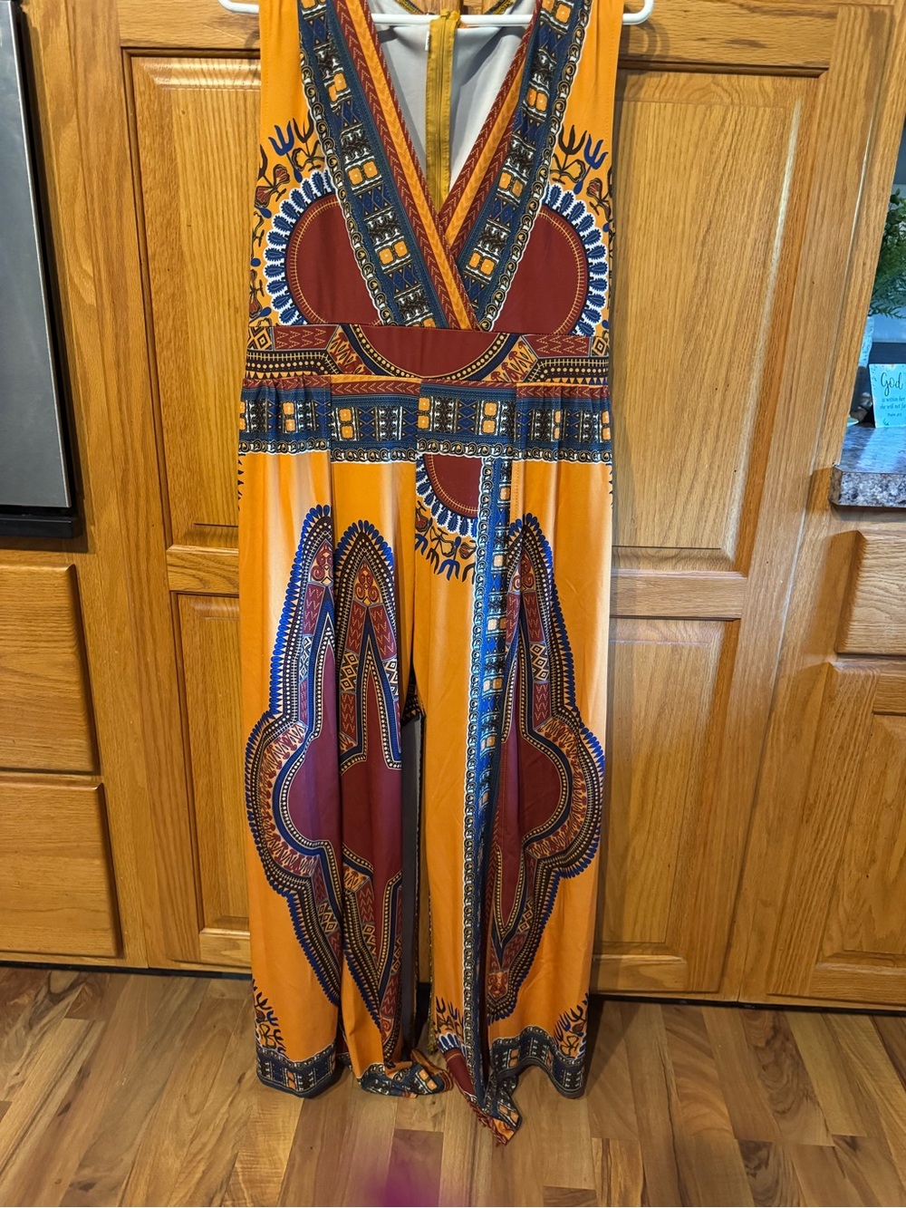 Bohemian V-Neck Maxi Dress jump suit  in Mustard Yellow with Ethnic Print